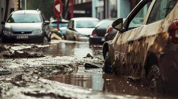 ai generado natural desastre secuelas, inundado carros en urbano calles foto