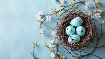 ai generado Pascua de Resurrección alegría, celebrar con pastel pintado huevos en pájaro nido foto