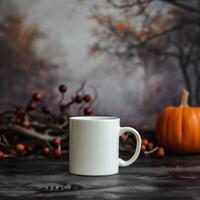 AI generated Halloween Coffee Elegance, Plain White Mug on Spooky Background photo