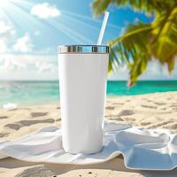 AI generated Beach Essentials, Blank White Tumbler on Sandy Towel photo