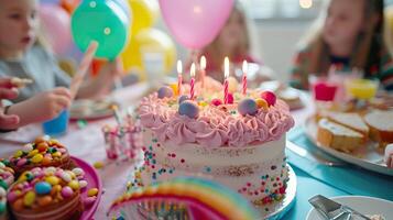 ai generado dulce celebracion deleitar, vibrante rosado cumpleaños pastel para niños foto