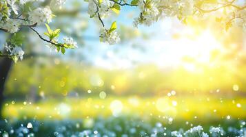 ai generado soleado día en naturaleza, borroso primavera antecedentes con floreciente arboles y azul cielo foto