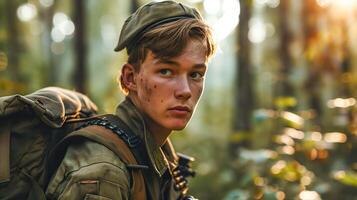 ai generado joven soldado en militar uniforme, sin emociones bosque mirar fijamente foto