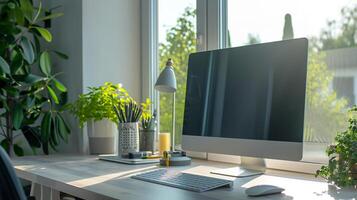 AI generated Modern Workspace, Desktop Computer on Desk by Window photo