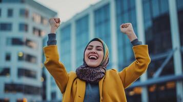 AI generated Celebrating Success, Expressive Muslim Woman in Hijab photo