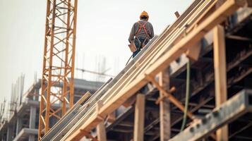 AI generated Construction Worker Safety, Rooftop Project with Seat Belt photo