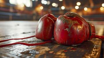 ai generado cerca arriba de boxeo guantes en el arena foto