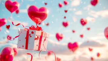 AI generated Gift box with heart balloon floating in the sky, happy valentine's day banner photo