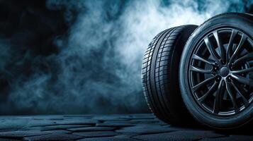 AI generated New Car Tires Banner, Automotive Parts on Dark Background with Copy Space photo