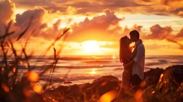 AI generated Sunset Romance, Couple Kissing in the Warm Glow of Dusk photo