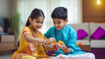 ai generado raksha Bandhan celebracion, contento indio hermano dando regalo a hermana a hogar foto