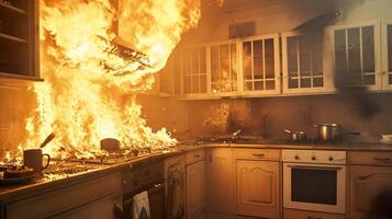 ai generado escapar el ardiente cocina, intenso casa fuego desastre foto
