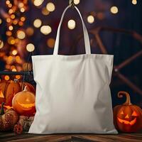 AI generated Halloween Mockup, Plain White Tote Bag with Spooky Element photo