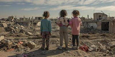 AI generated Resilient Innocence, Exploring War Torn Ruins with Children photo