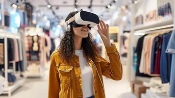 AI generated Metaverse Sustainability Exploration, Female Shopper in VR photo