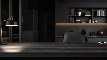 AI generated Empty Dark Workspace Tabletop, Modern Design with Copy Space and Decor photo