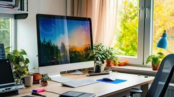 ai generado moderno espacio de trabajo, escritorio computadora en escritorio por ventana foto