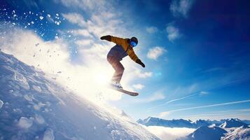 ai generado snowboarder saltando, emocionante invierno deporte acción en el montañas foto