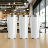 AI generated Stylish Cafe Scene, Tall Tumbler Product Mockup on Wooden Table photo