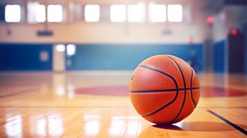 AI generated School Gym Break, Basketball Resting on the Floor photo