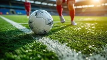 ai generado fútbol partido intensidad, jugador regate en grande estadio campo foto