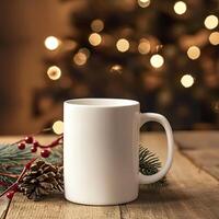 AI generated Cozy Holidays Begin, Plain White Mug in a Christmas Background photo