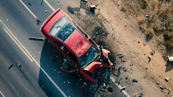 ai generado peligroso coche chocar, vista superior accidente en el la carretera foto