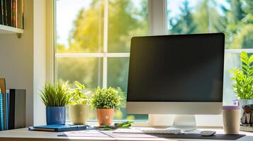 AI generated Minimalist Office Setup, Desktop Computer with Window View photo