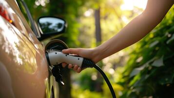 AI generated Green Innovation, Close Up of EV Charging Plug in Natural Greenery photo