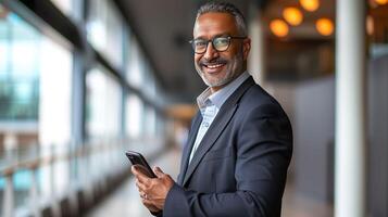 AI generated Smiling Mature Businessman, Confident Corporate Leader with Phone photo