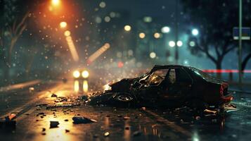 AI generated Nighttime Danger, Car Crash Accident on the Road photo