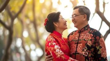 ai generado celebrando chino nuevo año, alegre asiático Pareja foto