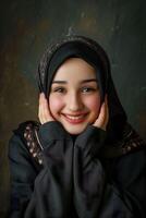 ai generado sonriente islámico chica, capturar cultural diversidad y alegría foto