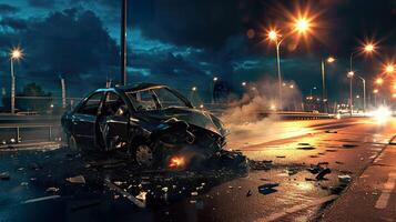 AI generated Nighttime Danger, Car Crash Accident on the Road photo