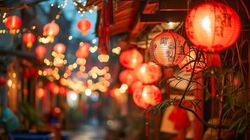 ai generado chino nuevo año linternas, vibrante celebracion en barrio chino foto