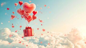 AI generated Gift box with heart balloon floating in the sky, happy valentine's day banner photo