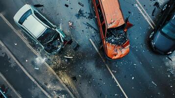 AI generated Dangerous Car Crash, Top-View Accident on the Road photo
