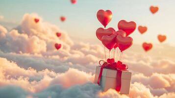 AI generated Gift box with heart balloon floating in the sky, happy valentine's day banner photo