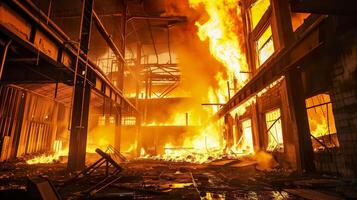 AI generated Fiery Disaster, Intense Flames in Industrial Setting photo