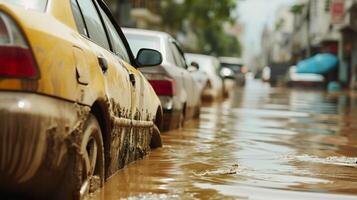 ai generado natural desastre secuelas, inundado carros en urbano calles foto