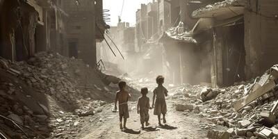 AI generated Resilient Innocence, Exploring War Torn Ruins with Children photo