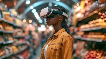 AI generated Embrace the Future, Female Shopper Explores Sustainability Strategies in the Metaverse with VR Headset photo