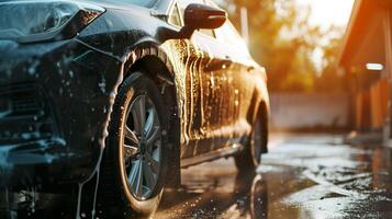 ai generado auto spa experiencia, eficiente coche lavar con espuma y agua foto