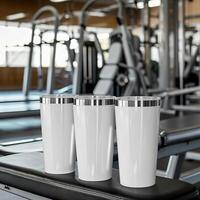 AI generated Fitness Essentials, Short Tumbler Product Mockup on Gym Bench photo