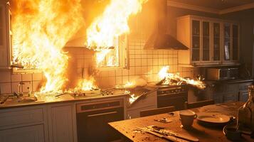 ai generado escapar el ardiente cocina, intenso casa fuego desastre foto