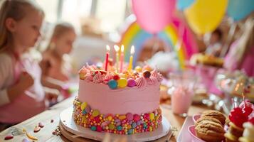 ai generado dulce celebracion deleitar, vibrante rosado cumpleaños pastel para niños foto
