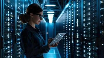 AI generated Cyber Data Security, Female Engineer in Server Farm Cloud Computing photo