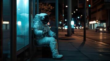 ai generado cósmico soledad, astronauta contemplando a noche autobús detener foto