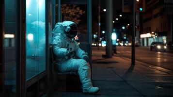 AI generated Cosmic Solitude, Astronaut Contemplating at Night Bus Stop photo