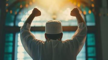 AI generated Success Celebration, Victorious Man in Hijab Clenching Hands photo